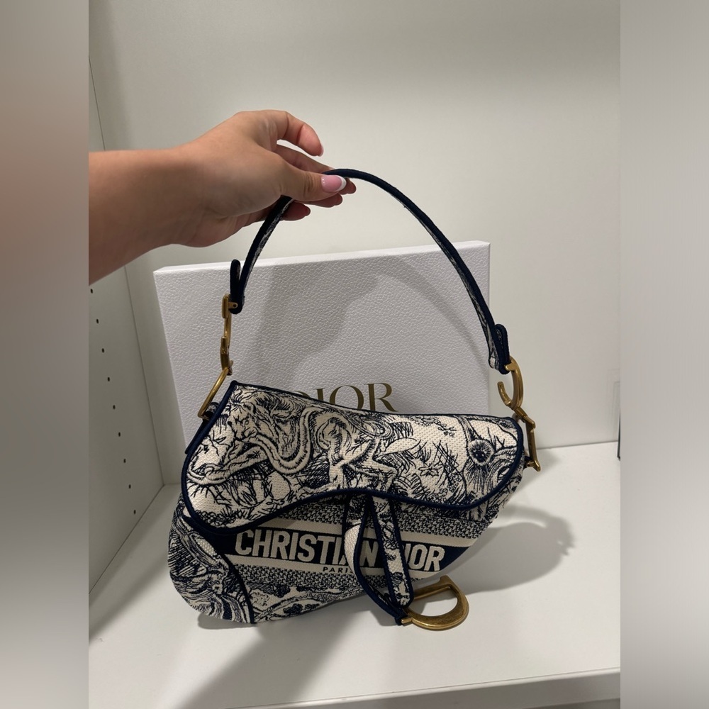 Christian Dior Canvas Embroidered Toile de Jouy Saddle shoulder Bag Blue - Picture 4 of 13